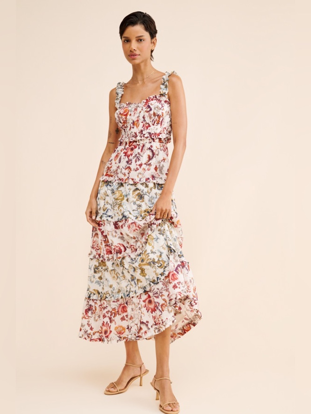 Anthropologie Sleeveless Square-Neck Ruffle Tiered Midi Dress